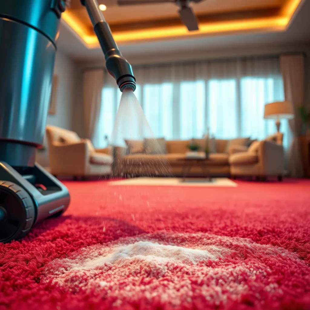 A close-up, hyperrealistic photo of a professional carpet cleaner using a powerful extraction machine on a plush, deep red carpet. The room is well-lit with soft, diffused lighting, casting a warm glow on the carpet and the cleaner.  The machine is in focus, with the nozzle spraying a stream of soapy water onto the carpet. The carpet fibers are visibly clean and fluffy after the treatment. The background is a blurry, out-of-focus shot of a comfortable living room with a sofa and armchairs, suggesting the homeliness and comfort of the service. The image should have a high-quality, 8K resolution, and be in the style of a professional carpet cleaning advertisement, highlighting the effectiveness of the cleaning process.