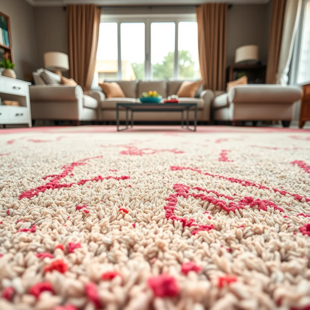 A close-up photo of a pristine, freshly cleaned carpet with vibrant colors, showcasing the removal of dirt and stains. The carpet should be in a well-lit living room setting with furniture arranged around it, highlighting the overall transformation and cleanliness.