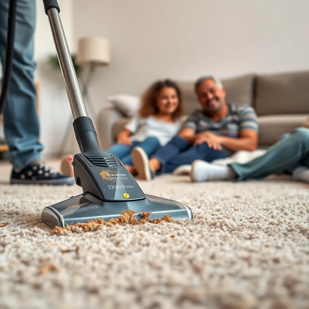 A close-up shot of a carpet being cleaned with a professional steam cleaner. The carpet should be visibly dirty before cleaning and sparkling clean after. Show a family smiling and relaxing on the clean carpet in the background.