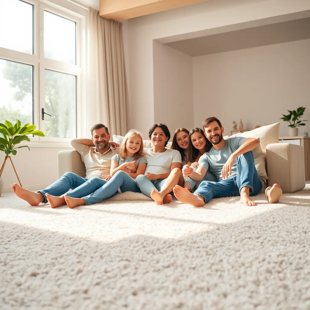 A happy family relaxing on a clean, plush carpet in a bright and airy living room. The sunlight streams through a large window, illuminating the room and highlighting the spotless carpet.  The image conveys a sense of comfort, cleanliness, and well-being.