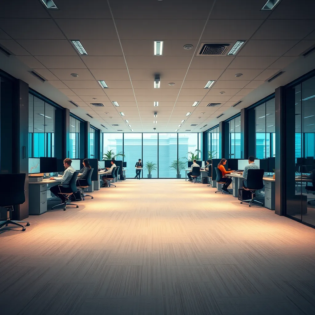 A modern office space with clean, bright carpets, showcasing a group of professionals working collaboratively. The image should convey a sense of professionalism, cleanliness, and productivity.