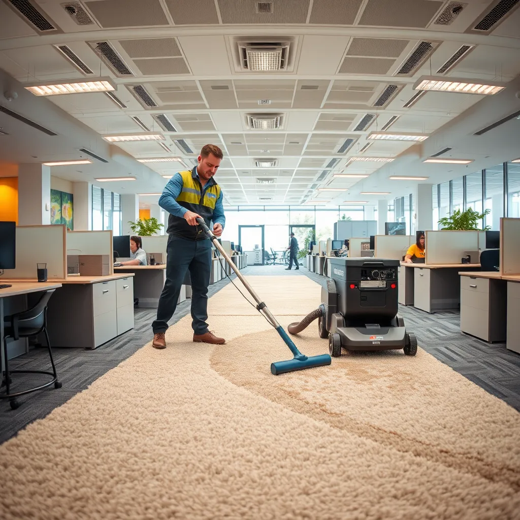 A panoramic view of a bustling office space, with a 'Carpet Cleaning Man' technician cleaning a large, plush carpet in the middle of the room. The room is filled with natural light, showcasing a busy office environment with desks, cubicles, and people working. The technician is using a large, industrial-grade carpet cleaning machine, efficiently and effectively removing dirt and stains.  The image should be in the style of a professional commercial photography, emphasizing the efficiency and professionalism of the service, and rendered in 8K resolution with a hyperrealistic style.