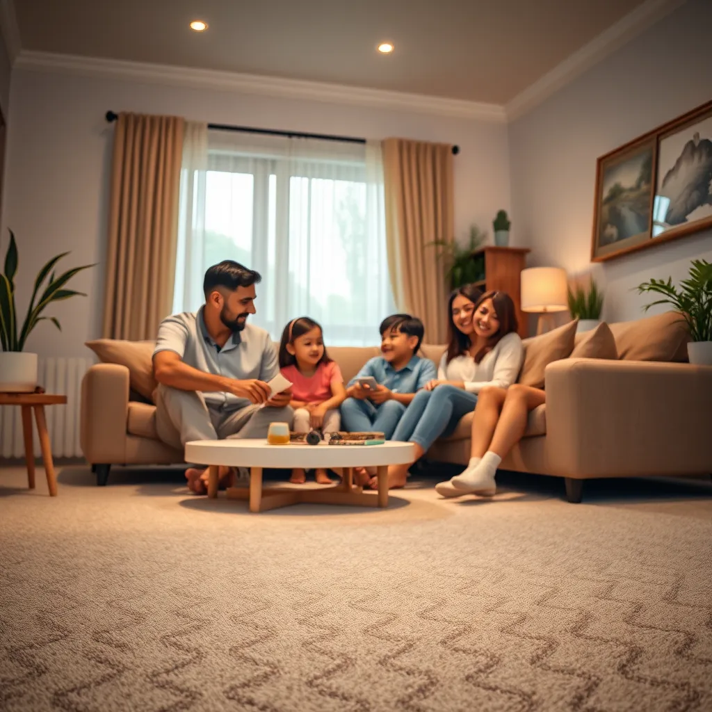 A photo depicting a family enjoying a relaxed and comfortable atmosphere in a clean and inviting living room. The focus should be on the carpet, showing its clean surface and highlighting the healthy and refreshing environment it provides.