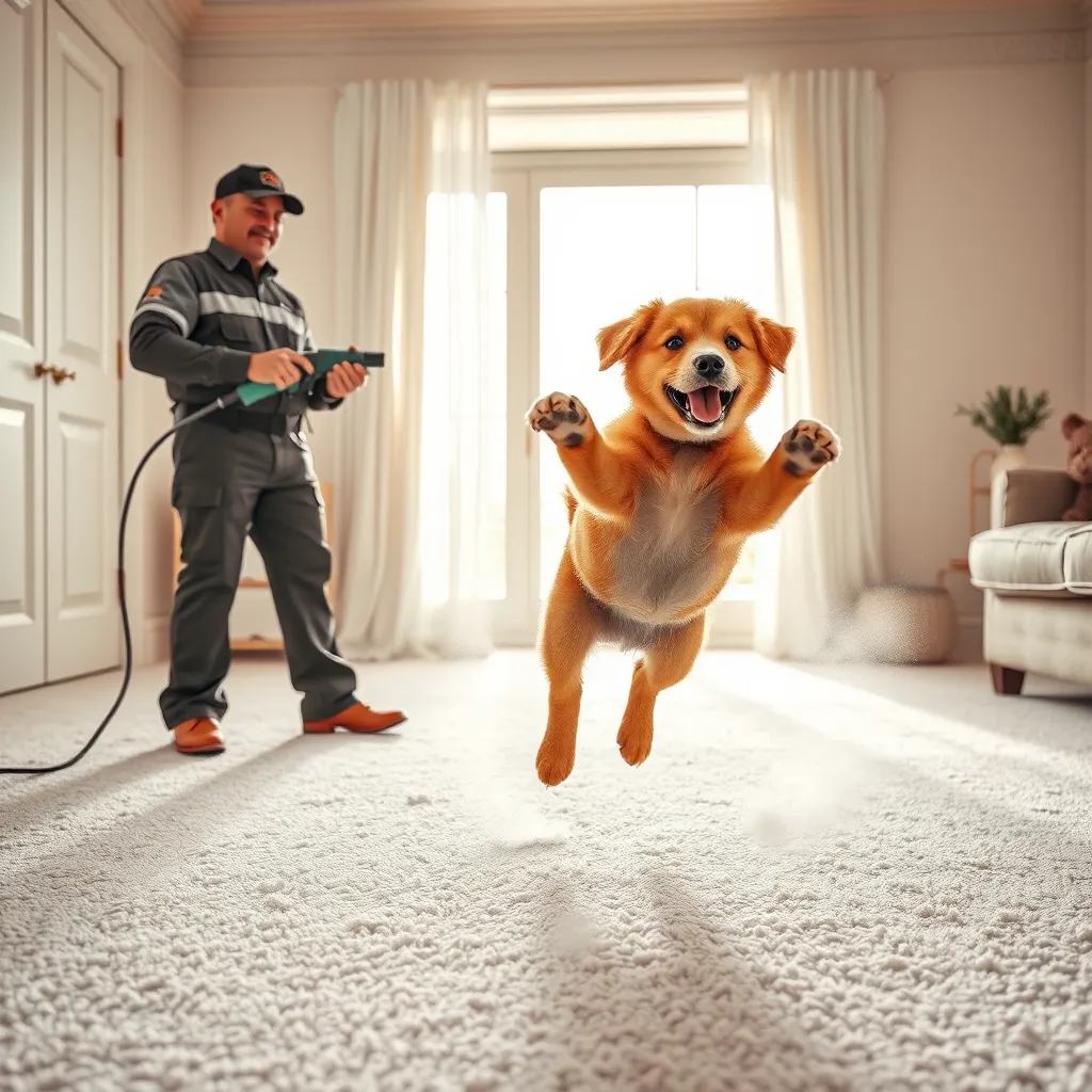 A photorealistic image of a 'Carpet Cleaning Man' technician using a specialized pet odor eliminator on a white carpet. The room is brightly lit, showcasing a playful, energetic puppy jumping around the room. The technician is wearing a professional uniform and holding a handheld sprayer, with the spray misting the carpet. The image captures the joy and peace of mind that comes with removing pet stains and odors, highlighting the effectiveness of the product.  The image should be in a bright, vibrant color palette, capturing the playful energy of a pet-friendly home, and be rendered in 8K resolution with a hyperrealistic style.