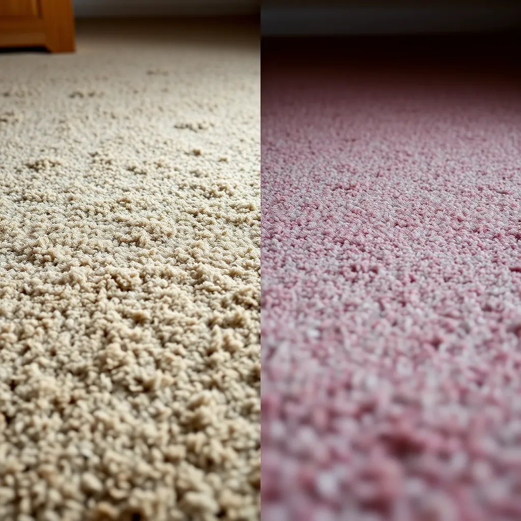 A split-screen image comparing two carpets. On the left, a worn-out and faded carpet. On the right, a vibrant, new-looking carpet, showcasing the results of professional cleaning. Focus on the difference in color and texture.