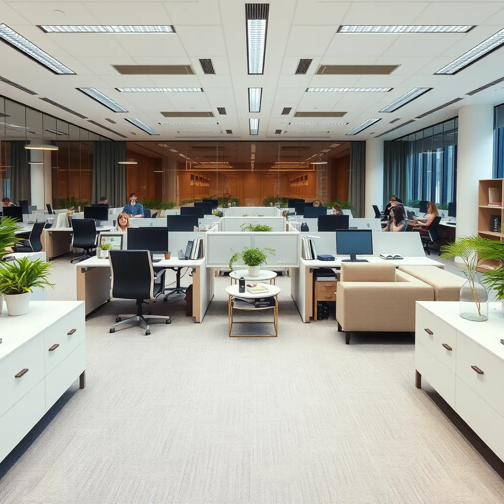 A modern, spacious office with clean, sleek furniture and a large, spotless carpet. Employees are working collaboratively at their desks, looking happy and productive. The image exudes professionalism, cleanliness, and a positive work environment.